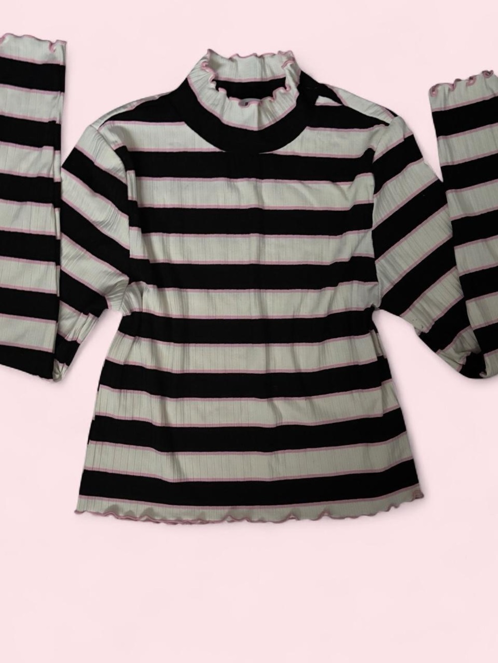 Juicy Couture Black & White Striped Ruffle Mock Neck Long Sleeve Top